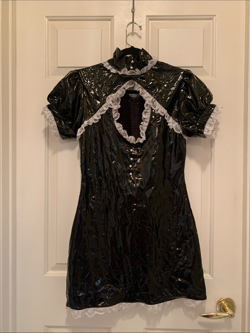 Party King Black pleather dress Costume with long gloves and hair accessories